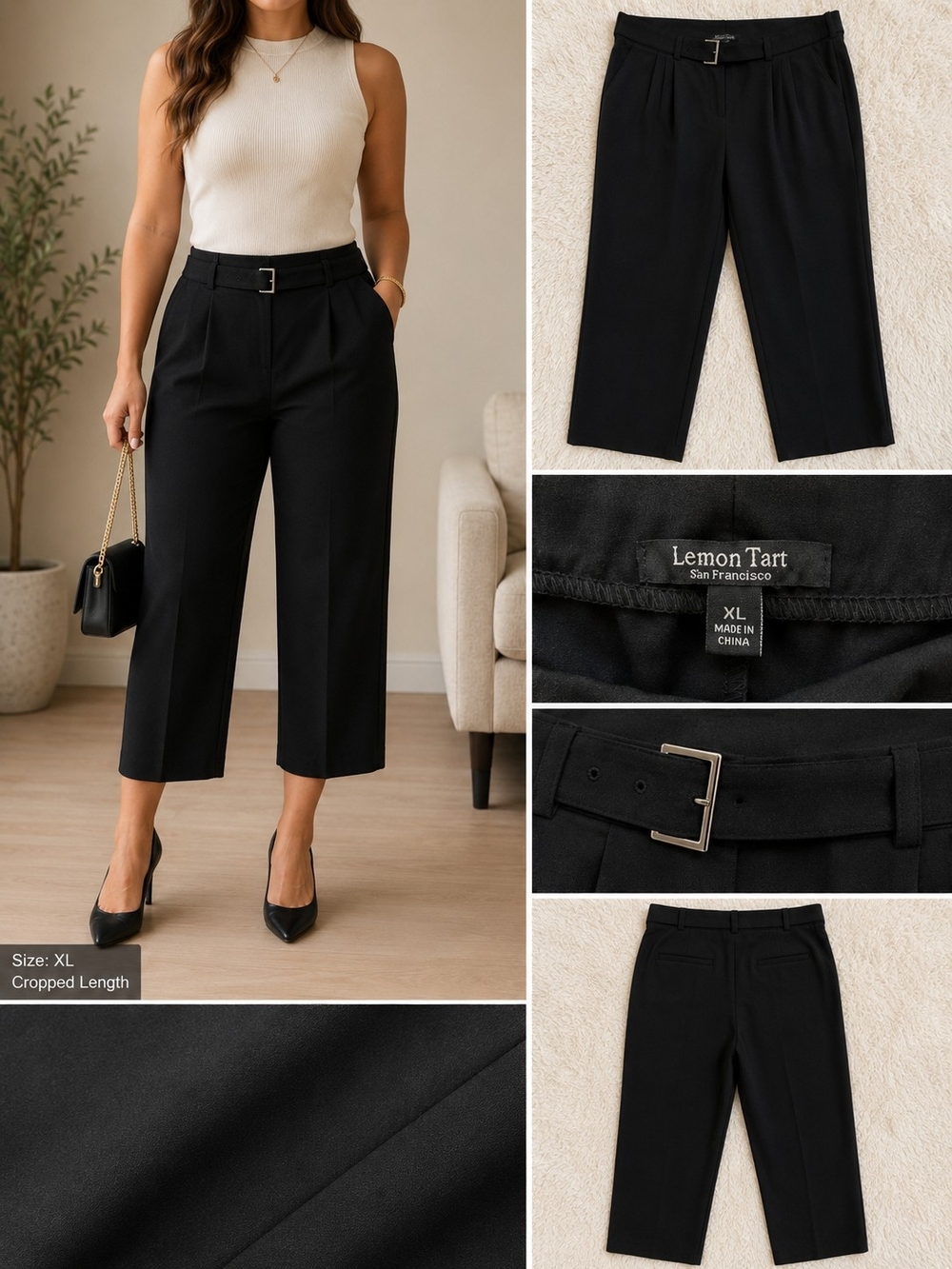 Lemon Tart Black Cropped Belted Trousers